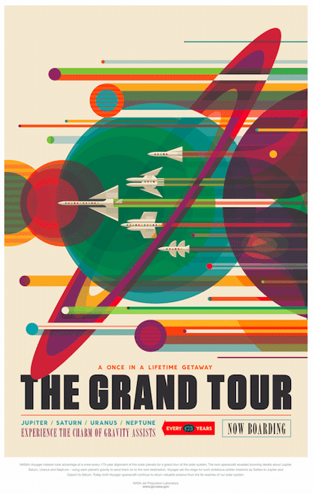 A retro-style travel poster featuring spacecraft traveling through colorful planets and rings, promoting "The Grand Tour" of the outer planets.
