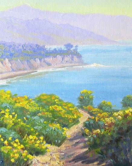 A vibrant coastal landscape featuring blooming flowers, cliffs, and a serene blue ocean under a light sky.