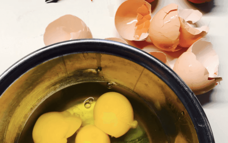 A bowl containing cracked eggs with yellow yolks, surrounded by broken egg shells. A bowl containing cracked eggs with yellow yolks, surrounded by broken egg shells.
