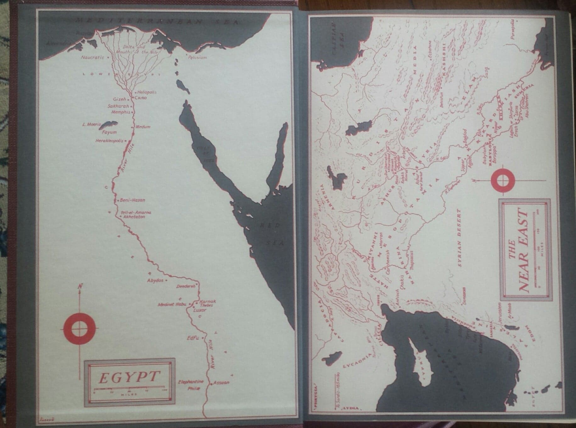A vintage-style map showing Egypt on the left and the Near East on the right, with geographical features and place names highlighted in red.