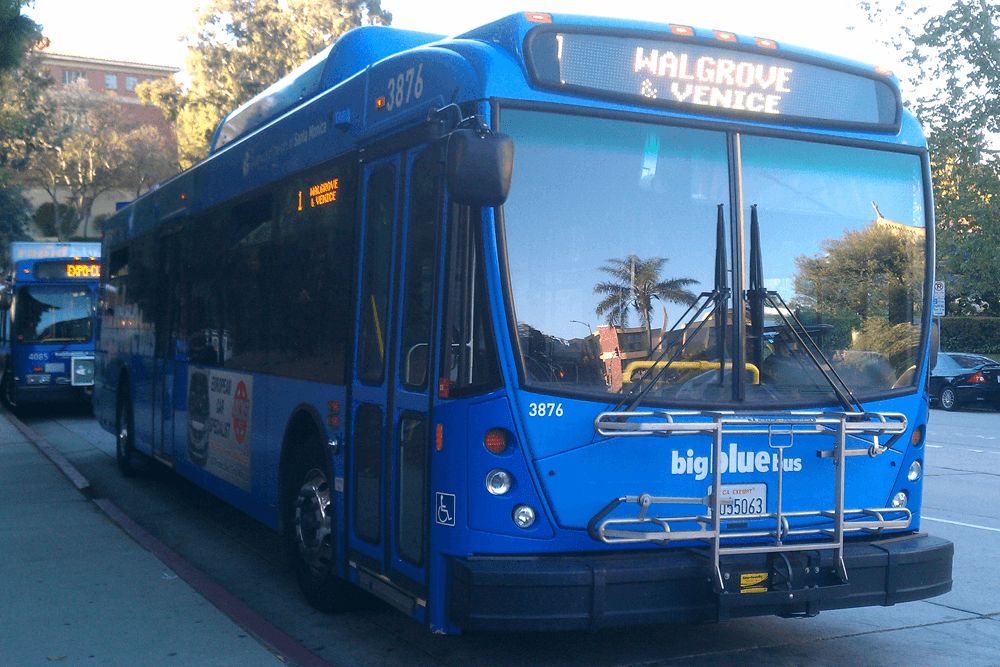 A blue public bus displaying the route "1 WALGROVE & VENICE" is parked along the street.