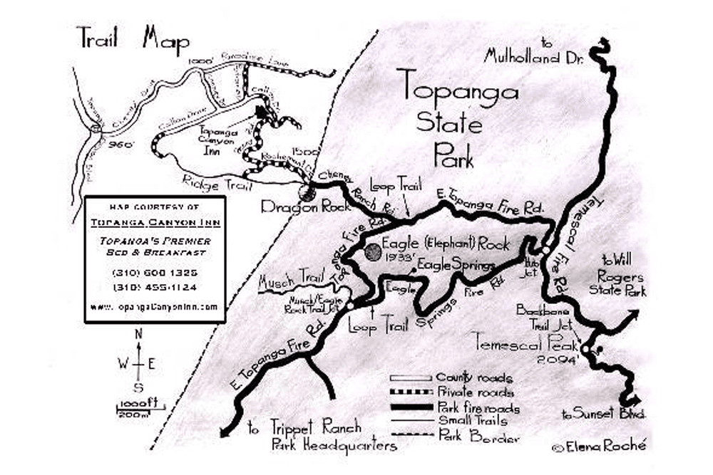 A black and white trail map of Topanga State Park, highlighting various trails and landmarks.