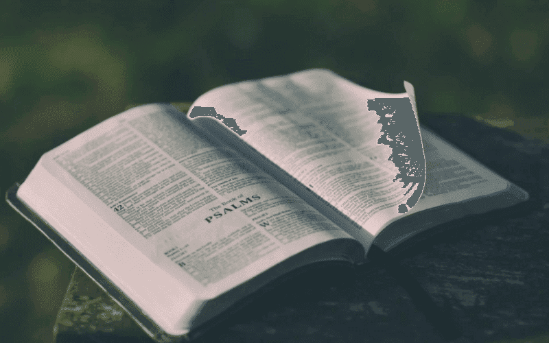 An open Bible resting on a wooden surface with a page gently turning.