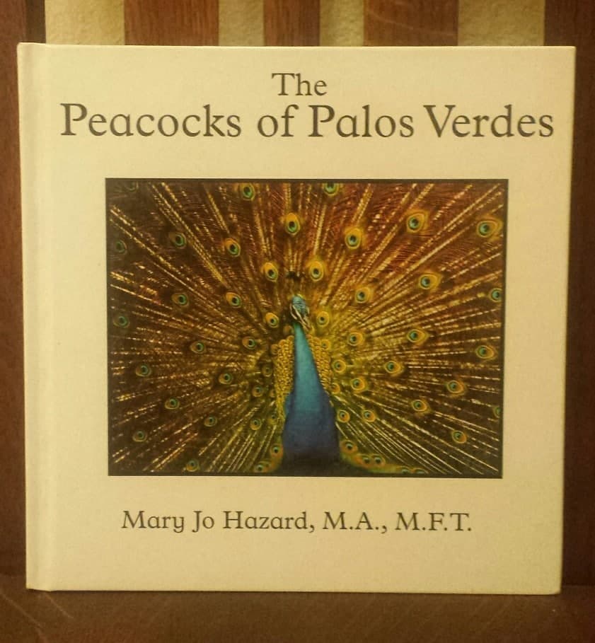 Book cover titled "The Peacocks of Palos Verdes" featuring a vibrant peacock display.