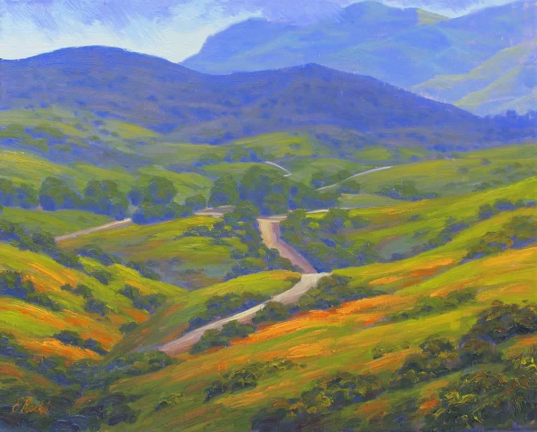 A vibrant landscape painting depicting rolling green hills, winding paths, and distant blue mountains under a bright sky.